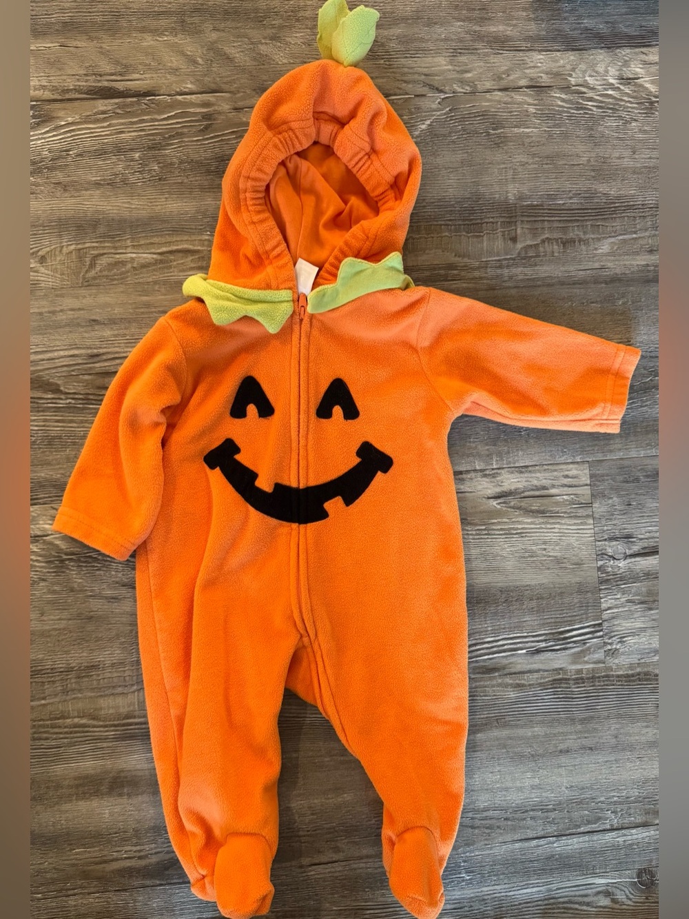 Carter's Orange Pumpkin Hooded One-Piece Costume with Green Leaf Trim